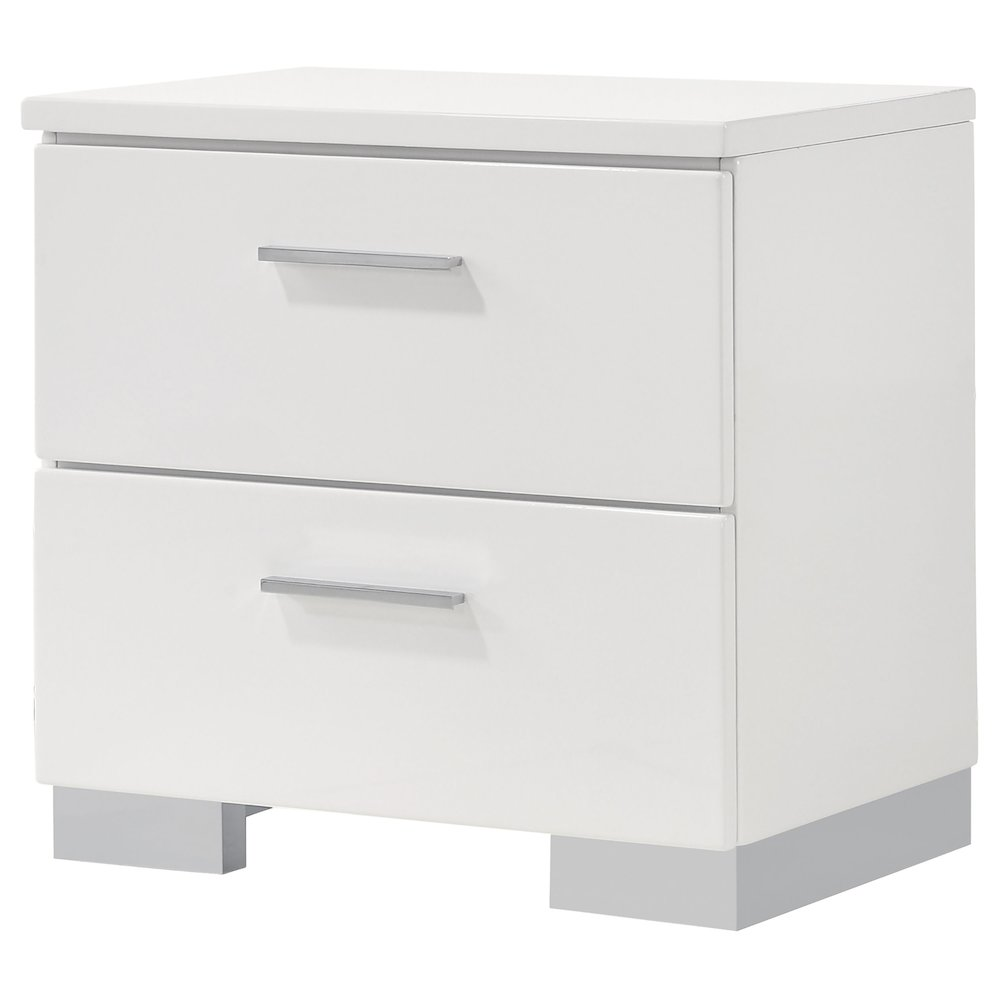 White high gloss Felicity 2-drawer nightstand by Start2Finish, featuring sleek modern design and smooth drawer fronts.