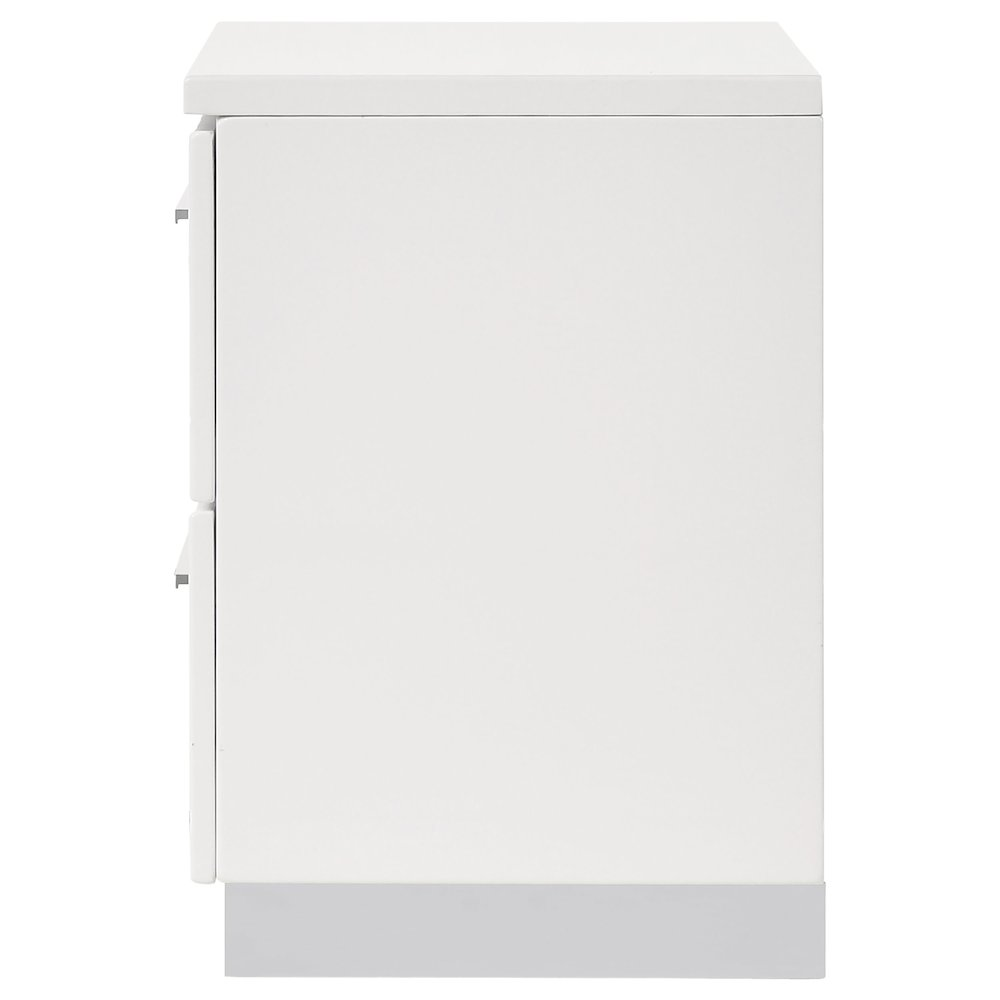 White high gloss Felicity 2-drawer nightstand with sleek modern design, featuring silver handles and smooth finish.