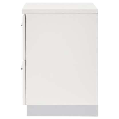 White high gloss Felicity 2-drawer nightstand with sleek modern design, featuring silver handles and smooth finish.