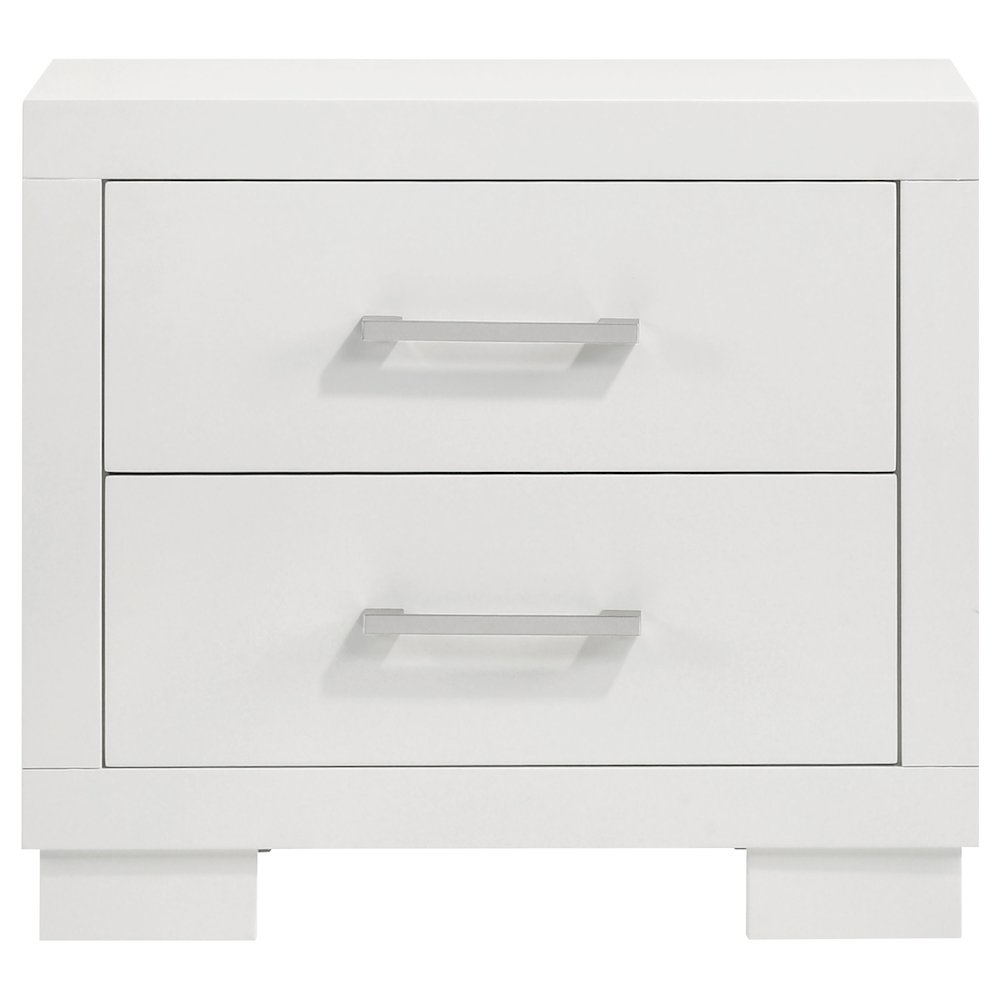 Cream white Jessica 2-drawer nightstand by Start2Finish, showcasing its sleek furniture design with silver handles and smooth finish.