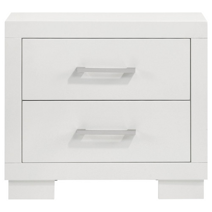 Cream white Jessica 2-drawer nightstand by Start2Finish, showcasing its sleek furniture design with silver handles and smooth finish.