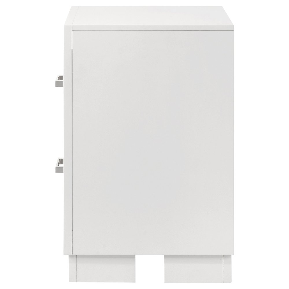 Cream white Jessica 2-drawer nightstand by Start2Finish, featuring a sleek furniture design with two spacious drawers.
