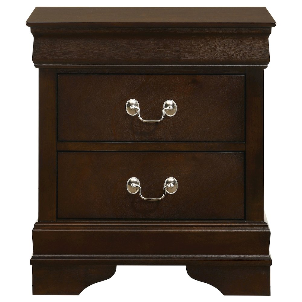 Louis Philippe 2-drawer nightstand in cappuccino finish, wooden furniture piece with sleek design and metal drawer handles.