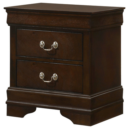 Louis Philippe 2-drawer nightstand in cappuccino finish, wooden furniture piece with sleek design and sturdy construction.