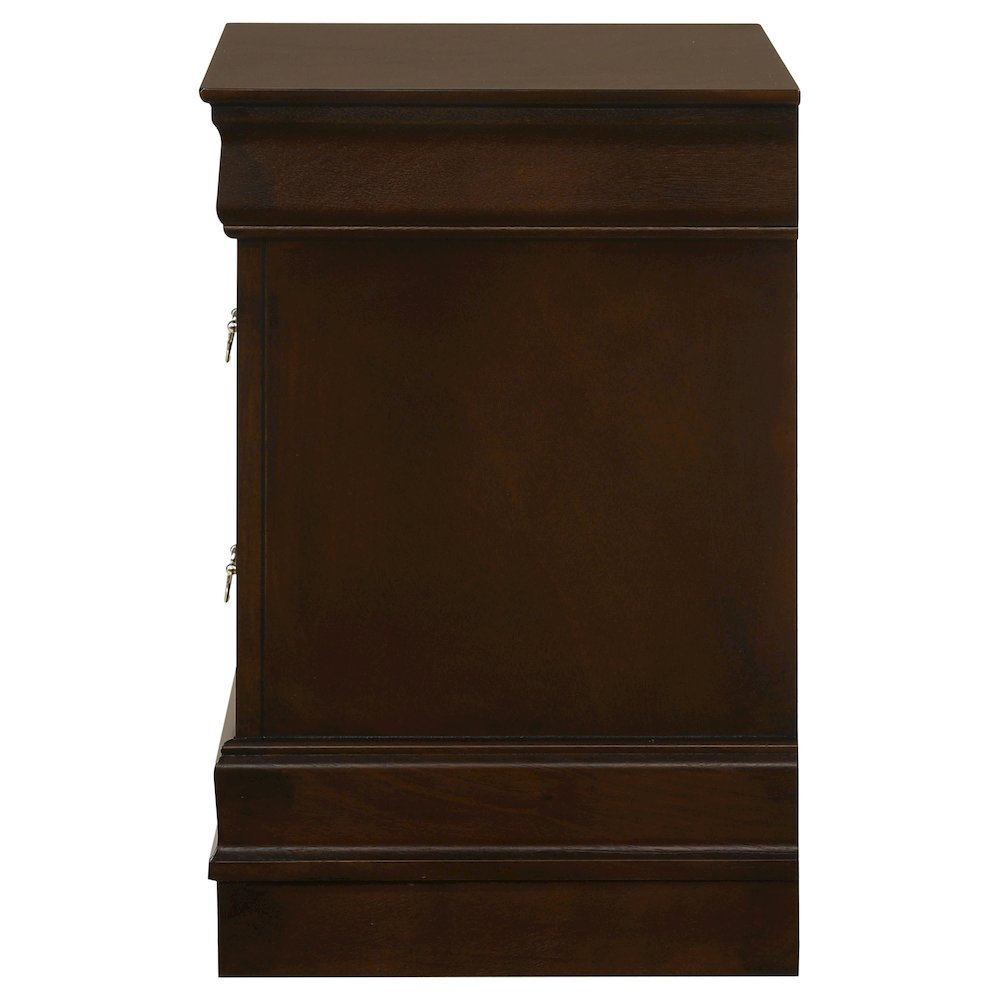 Louis Philippe 2-drawer nightstand in cappuccino finish, stylish furniture piece with sleek design and metal handles.