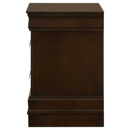 Louis Philippe 2-drawer nightstand in cappuccino finish, stylish furniture piece with sleek design and metal handles.