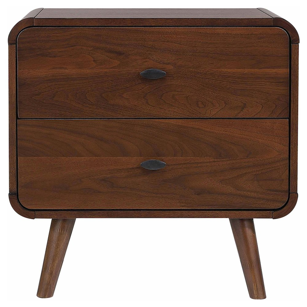 Dark walnut Robyn 2-drawer nightstand from Start2Finish showing sleek wood grain and modern furniture design with metal drawer handles.