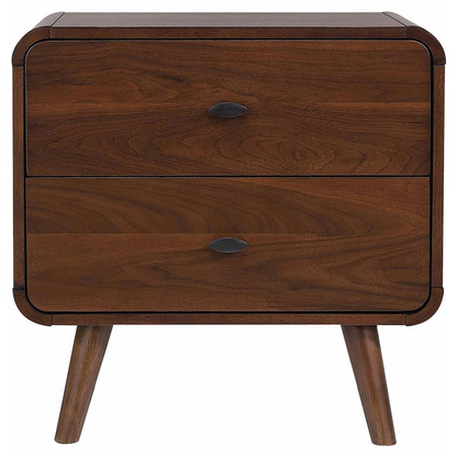 Dark walnut Robyn 2-drawer nightstand from Start2Finish showing sleek wood grain and modern furniture design with metal drawer handles.