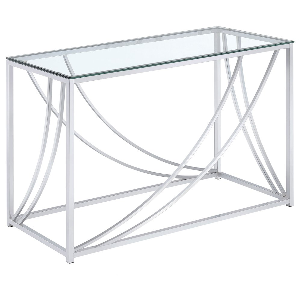 Lille glass top entryway sofa console table with chrome accents, sleek modern design, and sturdy frame.