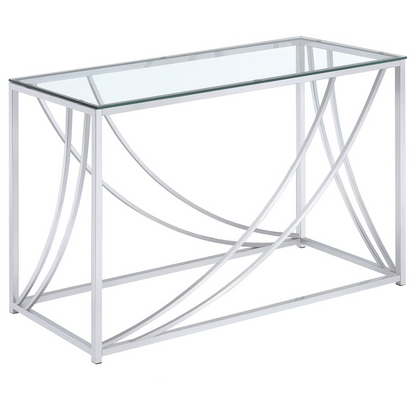 Lille glass top entryway sofa console table with chrome accents, sleek modern design, and sturdy frame.