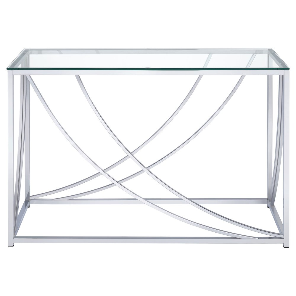 Lille glass top entryway sofa console table with chrome accents, featuring a sleek and modern design for stylish home decor.