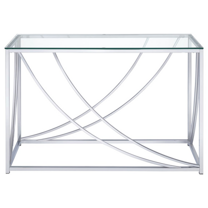 Lille glass top entryway sofa console table with chrome accents, featuring a sleek and modern design for stylish home decor.
