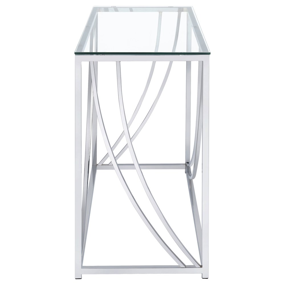 Lille glass top entryway sofa console table with chrome accents by Start2Finish, showcasing a sleek and modern design.