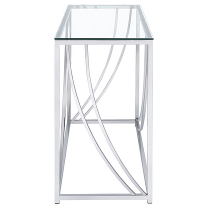 Lille glass top entryway sofa console table with chrome accents by Start2Finish, showcasing a sleek and modern design.