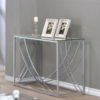 Lille glass top entryway sofa console table with chrome accents, sleek design, and modern style by Start2Finish.