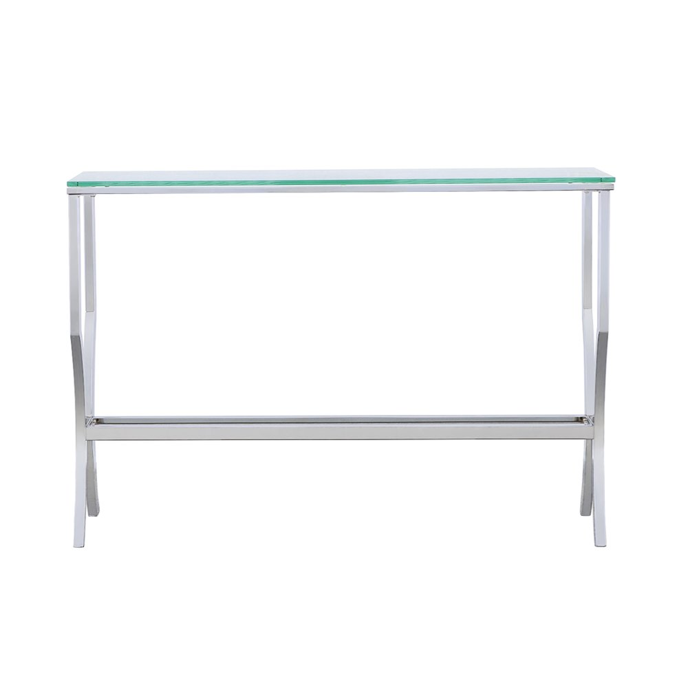 Start2Finish Saide rectangular glass top entryway console table with chrome frame, showcasing a sleek modern design and transparent glass surface.