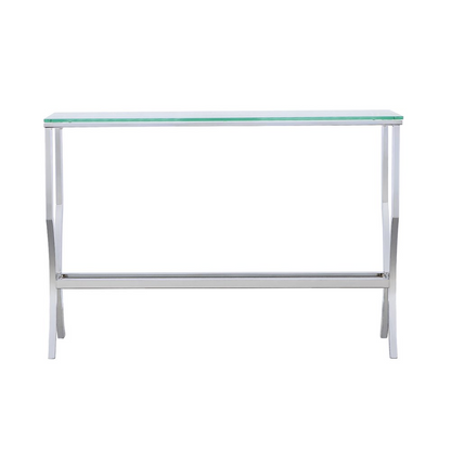 Start2Finish Saide rectangular glass top entryway console table with chrome frame, showcasing a sleek modern design and transparent glass surface.