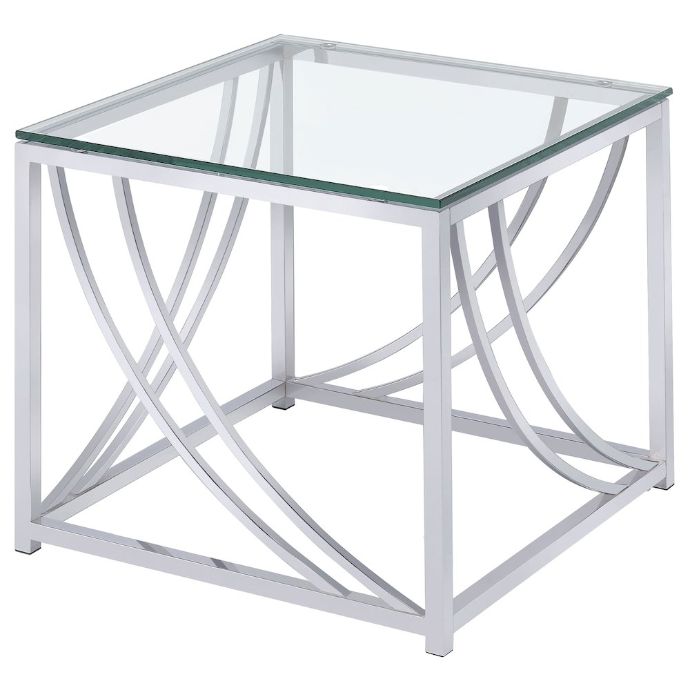 Lille square glass top side end table with chrome finish, featuring a modern design and sturdy metal frame.