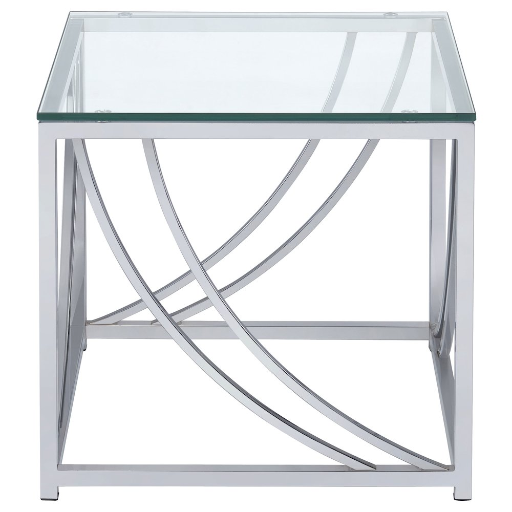 Lille square glass top side end table with chrome finish by Start2Finish, featuring a sleek glass surface and modern design.