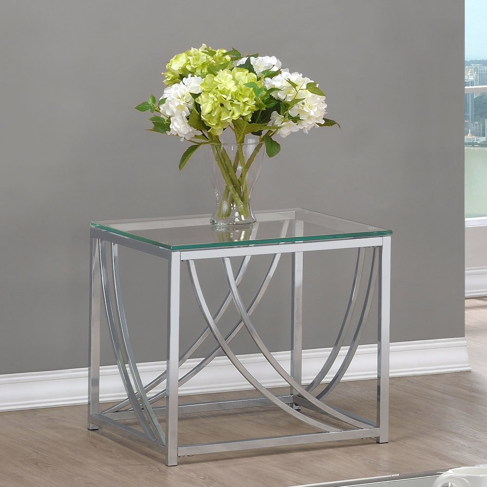 Lille square glass top side end table with chrome finish by Start2Finish, featuring a modern design and clear glass surface.