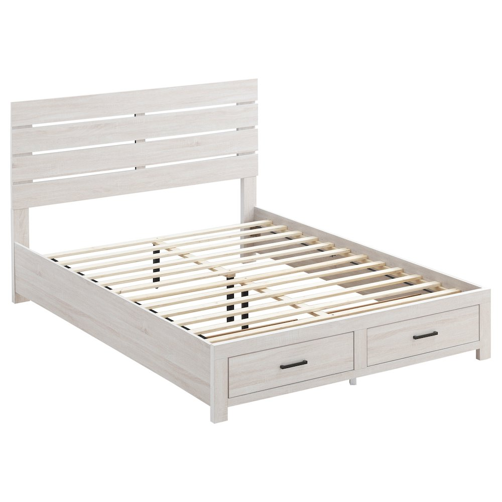 Coastal white Brantford Wood Queen Storage Panel Bed by Start2Finish, featuring a stylish wood finish with built-in storage drawers.
