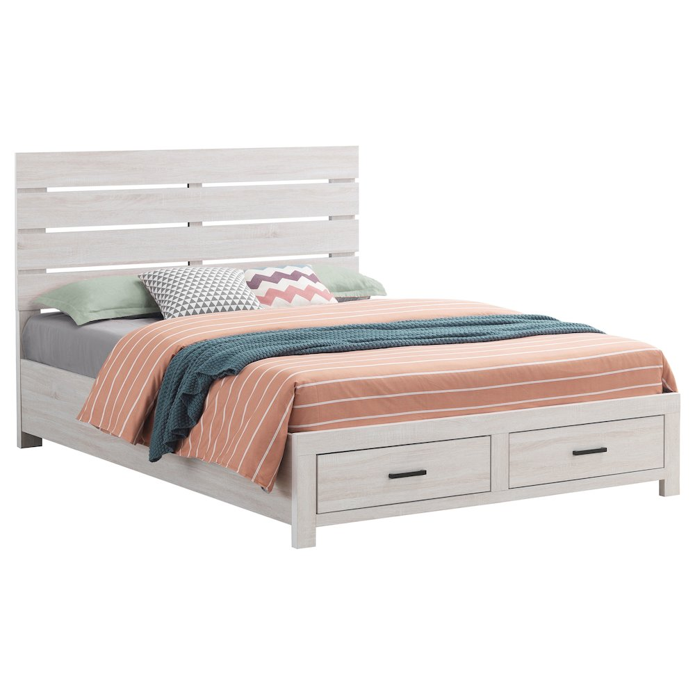 Coastal white Brantford Wood Queen Storage Panel Bed by Start2Finish, showcasing the elegant wooden frame with built-in storage drawers.