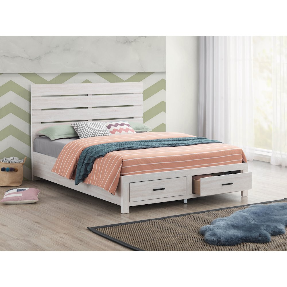Coastal white Brantford Wood Queen Storage Panel Bed by Start2Finish, featuring a sturdy wooden frame with storage panels and a classic design.