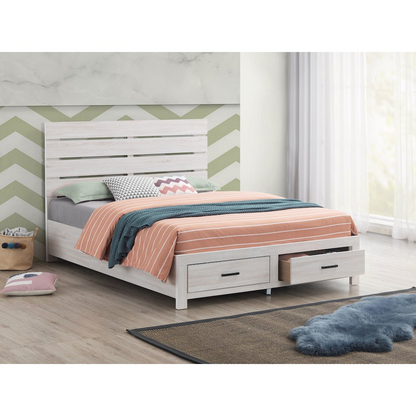 Coastal white Brantford Wood Queen Storage Panel Bed by Start2Finish, featuring a sturdy wooden frame with storage panels and a classic design.