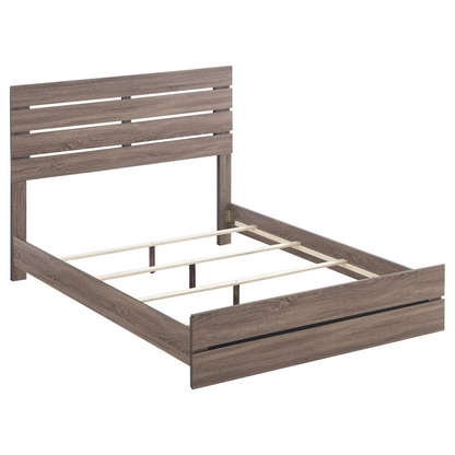 Start2Finish Brantford Wood Queen Panel Bed in Barrel Oak showcasing the elegant wooden headboard and frame design.