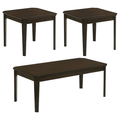 Start2Finish Amaro 3-piece dark brown coffee and end table set with modern design and sleek wood finish, shown in a living room setting.