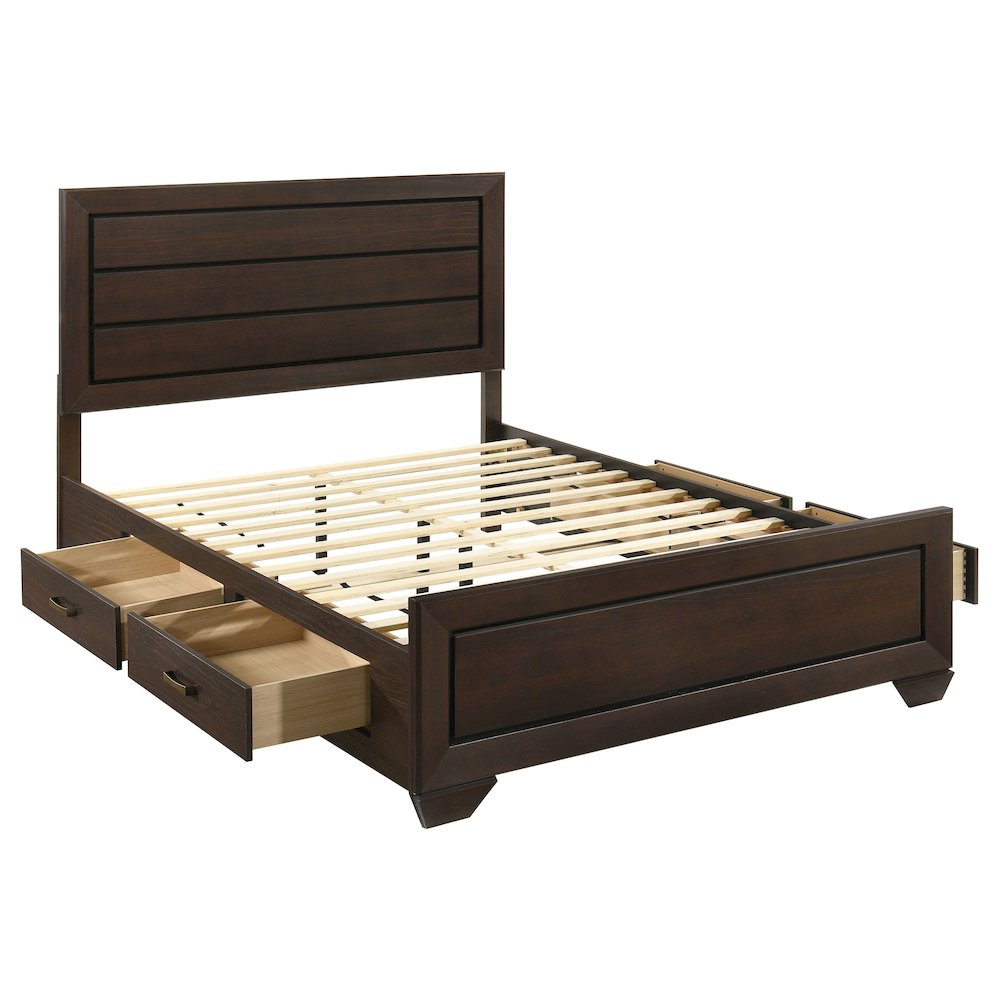 Dark cocoa Kauffman Wood Queen Storage Panel Bed by Start2Finish, showcasing the headboard and storage drawers in a bedroom setting.