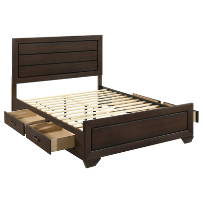 Dark cocoa Kauffman Wood Queen Storage Panel Bed by Start2Finish, showcasing the headboard and storage drawers in a bedroom setting.