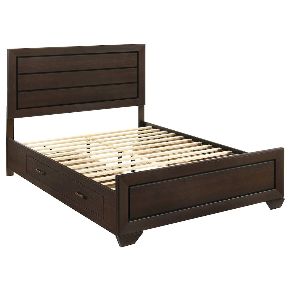Kauffman Wood Queen Storage Panel Bed in dark cocoa finish with built-in storage drawers and a classic panel headboard.