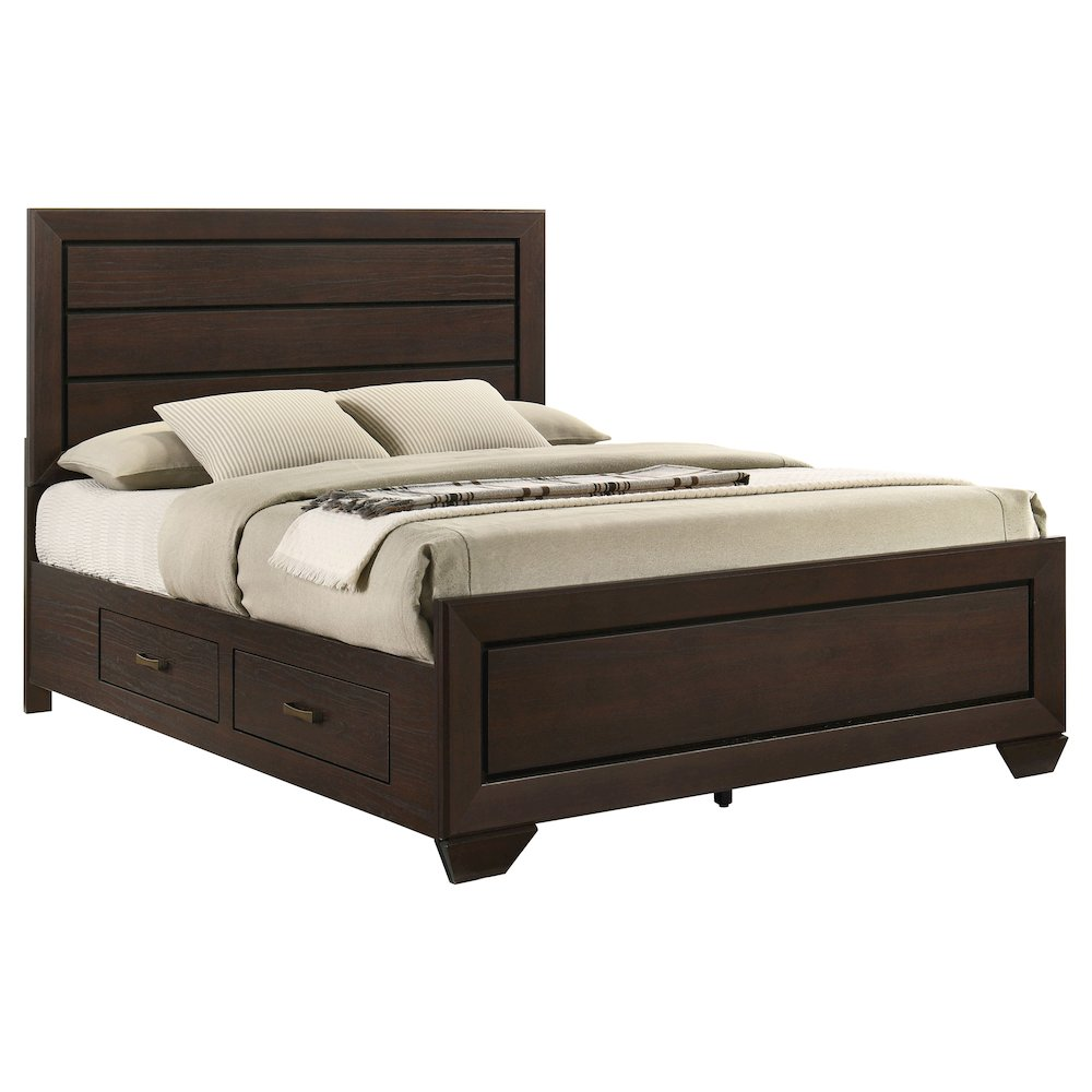 Start2Finish Kauffman Wood Queen Storage Panel Bed in dark cocoa finish with built-in storage drawers and a classic design.