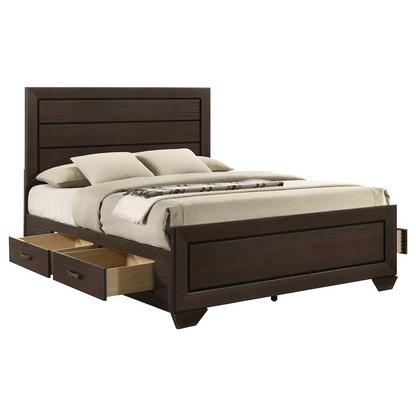 Start2Finish Kauffman Wood Queen Storage Panel Bed in dark cocoa finish, showing the headboard and storage drawers.