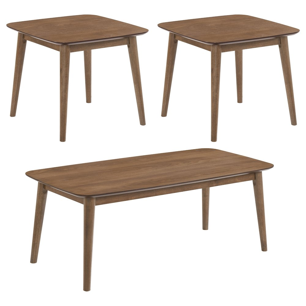 Start2Finish Radley 3-piece rectangular coffee table set in natural walnut hardwood with sleek modern design.