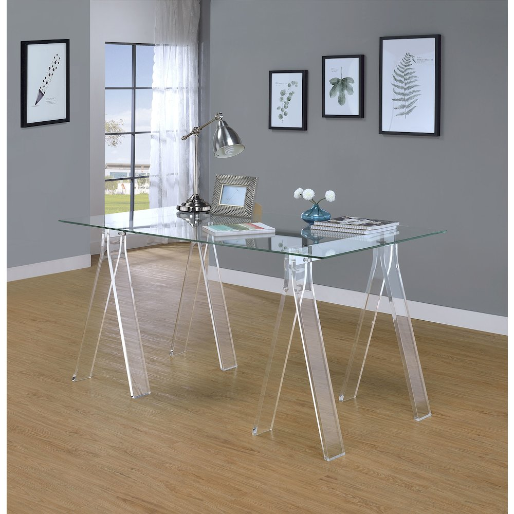 Start2Finish Amaturo 59-inch clear glass top acrylic writing desk showing sleek modern design and sturdy construction.