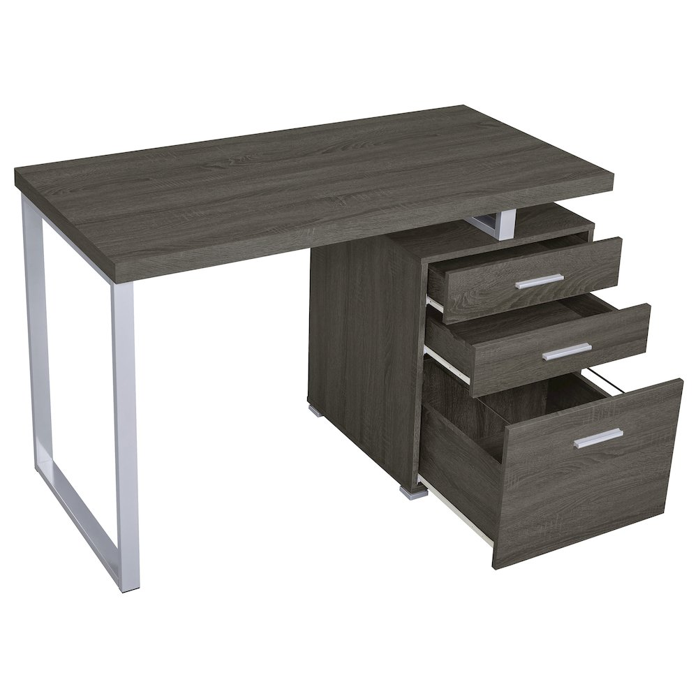 Start2Finish Brennan 47-inch weathered grey office computer desk with three drawers, sturdy wood finish and modern design.