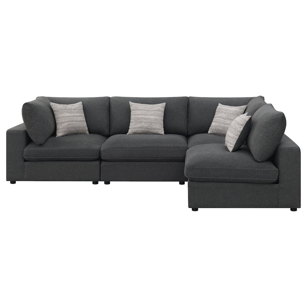 Serene 4-piece upholstered modular sectional sofa in charcoal fabric, showcasing plush cushions and modern furniture design.