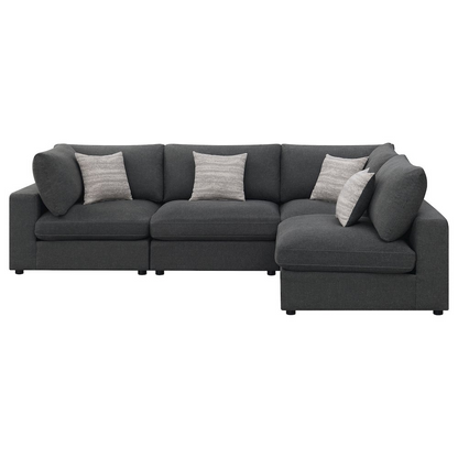 Serene 4-piece upholstered modular sectional sofa in charcoal fabric, showcasing plush cushions and modern furniture design.