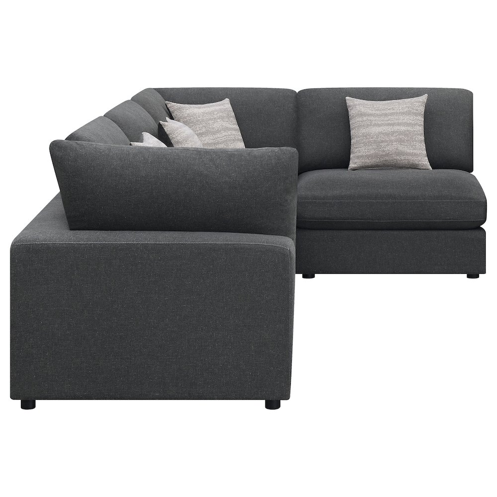 Serene 4-piece upholstered modular sectional sofa in charcoal fabric, modern furniture with plush cushions and sleek design.