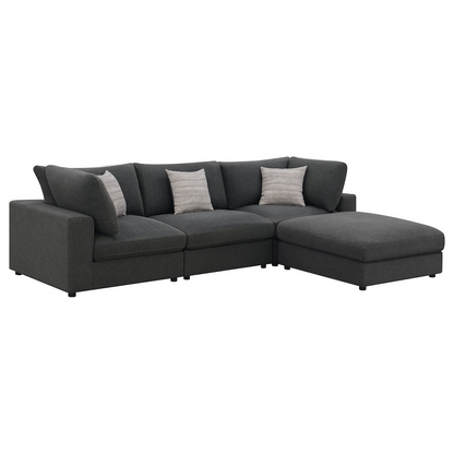 Charcoal upholstered Serene 4-piece modular sectional sofa by Start2Finish, showing plush cushions and modern design.
