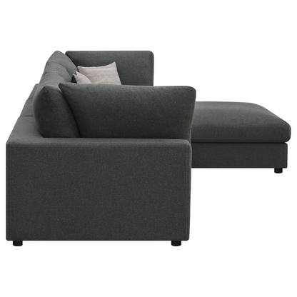Charcoal upholstered Serene 4-piece modular sectional sofa by Start2Finish, featuring plush cushions and contemporary design.