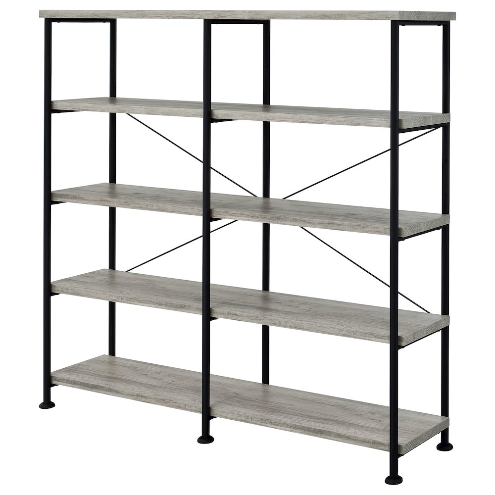 Start2Finish Analiese 63-inch grey driftwood 4-shelf double bookshelf with spacious open shelves for storage and display.