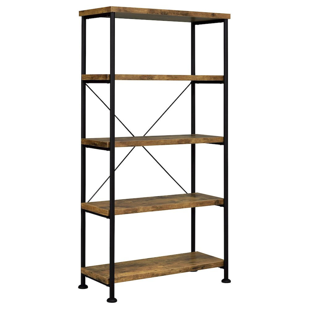 Start2Finish Analiese 63-inch rustic nutmeg bookshelf with four shelves, showcasing a sturdy wooden storage unit with a warm finish.