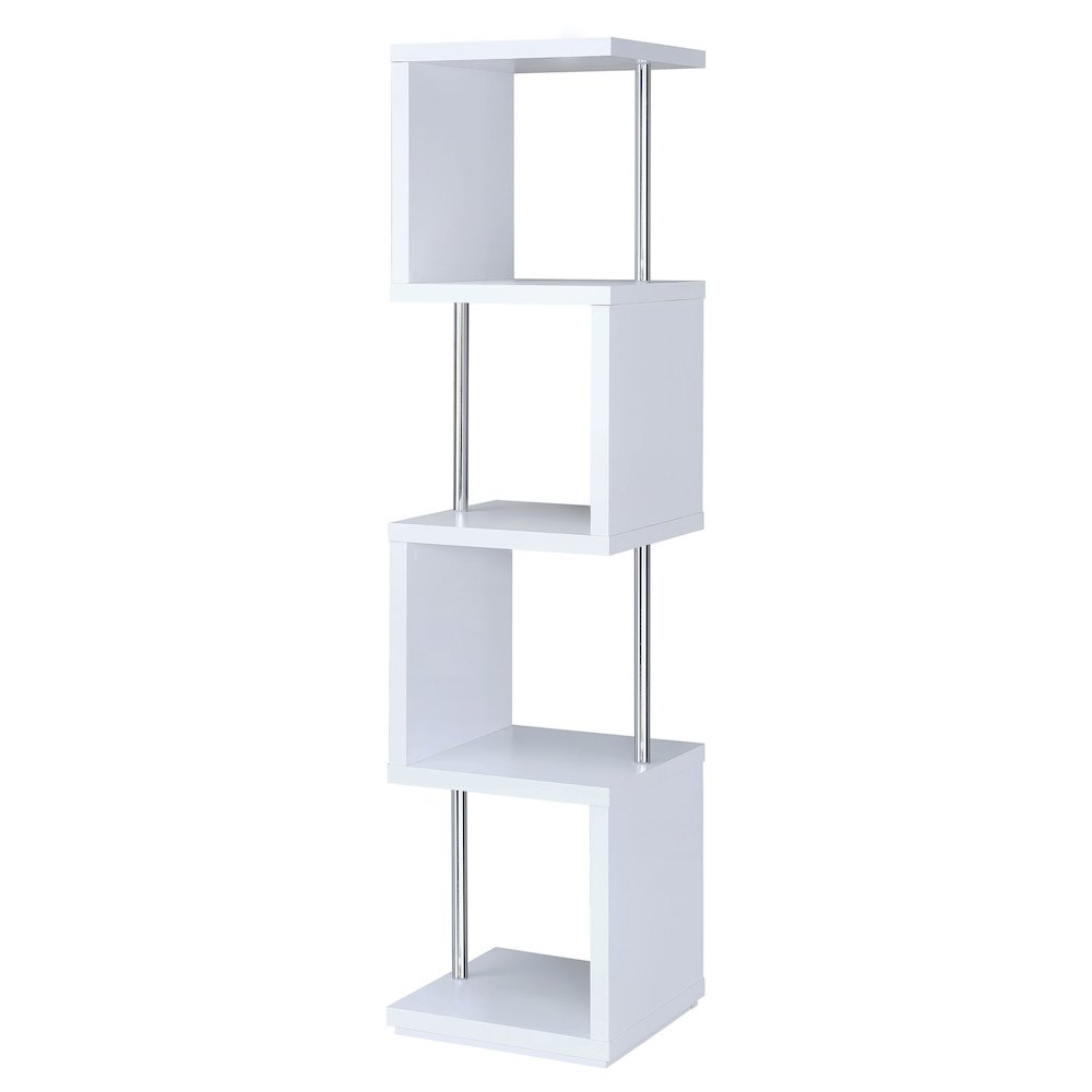 Start2Finish Baxter 67-inch white and chrome bookshelf with four shelves, showcasing a modern furniture design.
