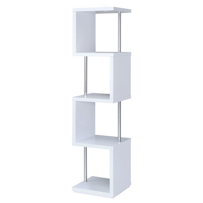 Start2Finish Baxter 67-inch white and chrome bookshelf with four shelves, showcasing a modern furniture design.