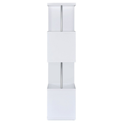 White and chrome Baxter 67-inch 4-shelf bookshelf by Start2Finish, showing a modern furniture piece with spacious shelves