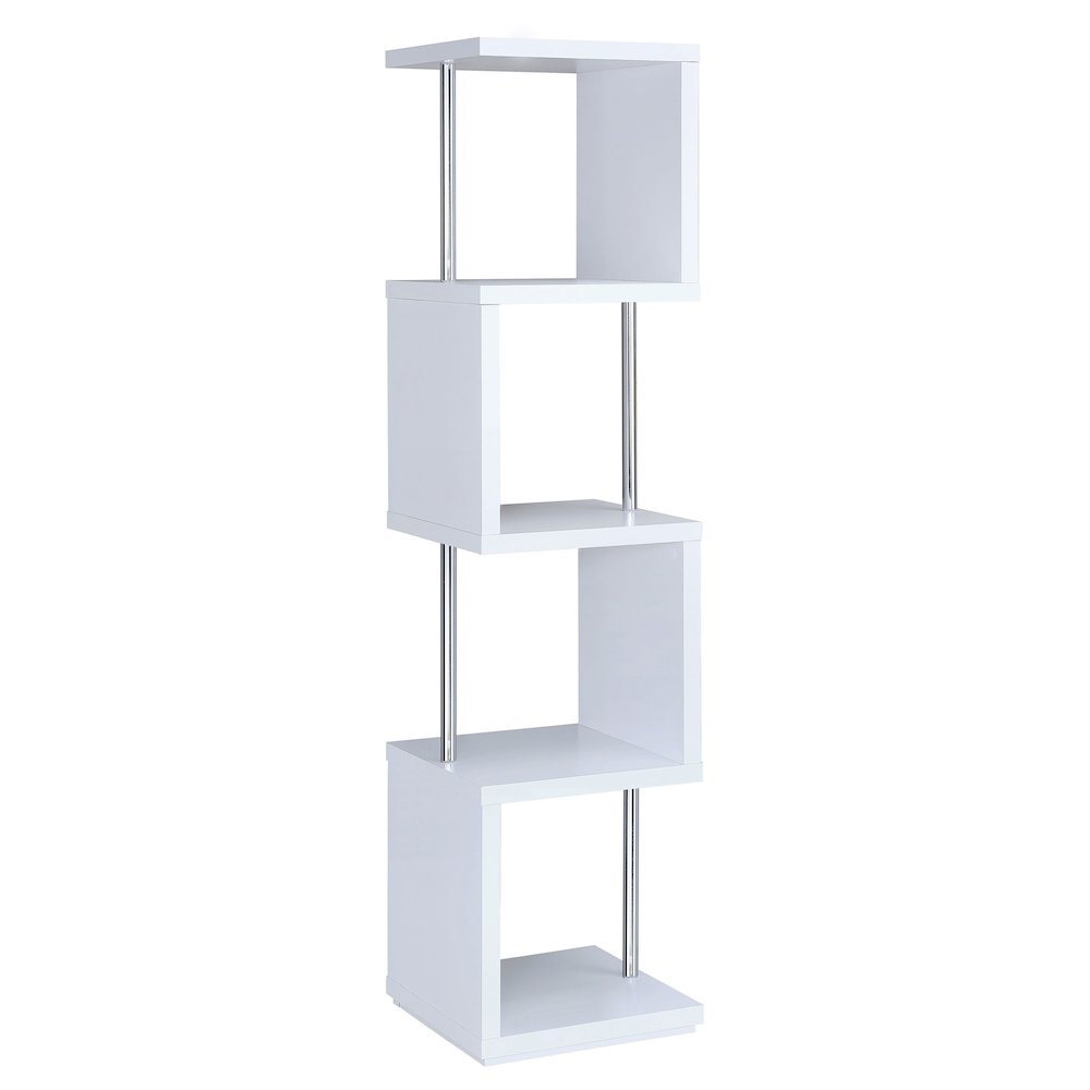 Start2Finish Baxter 67-inch white and chrome 4-shelf bookshelf showing sleek design and spacious shelving for home or office use.