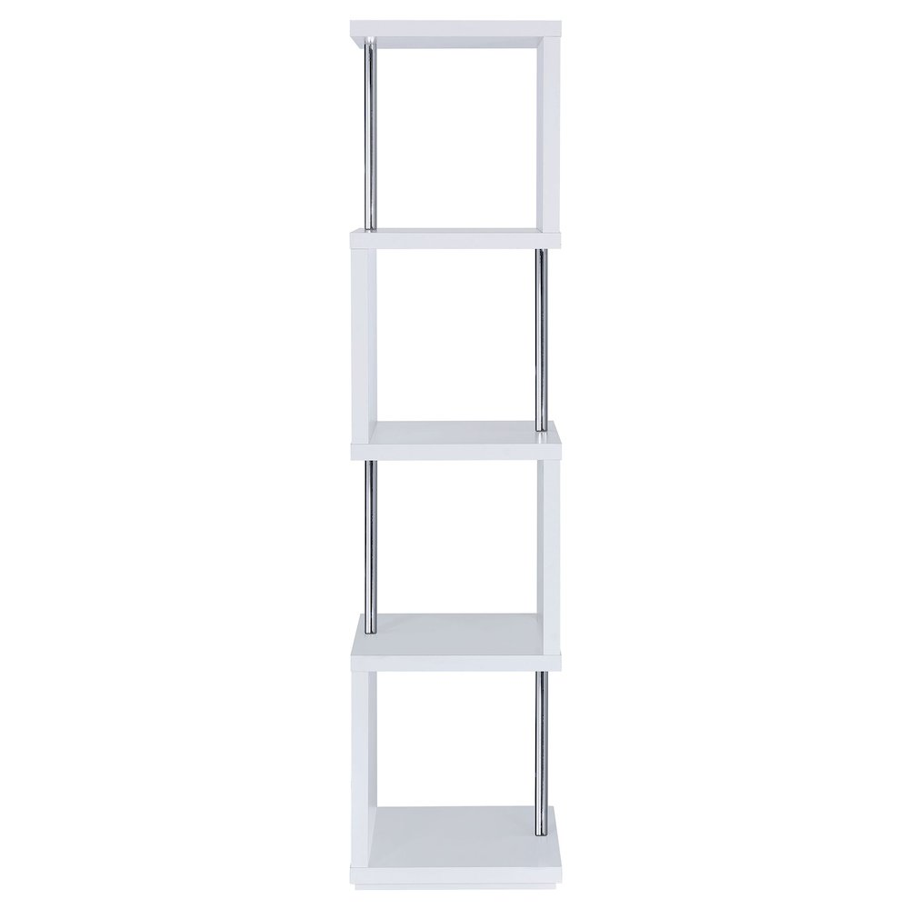 Start2Finish Baxter 67-inch white and chrome bookshelf with four shelves, showcasing a modern furniture design.